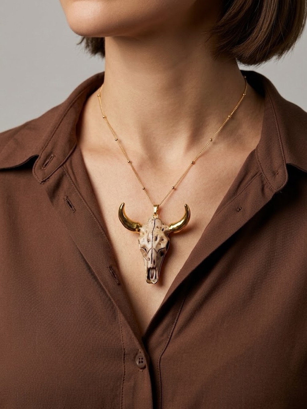 Gold-Tone Longhorn Skull Pendant Necklace